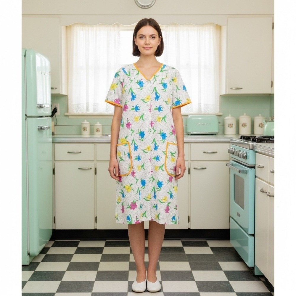 Vintage Floral Dress M/L Multicolor House Patio Kaftan Bright Dopamine Retro